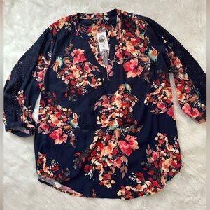 Navy Floral Women's Blouse with Lace Sleeves